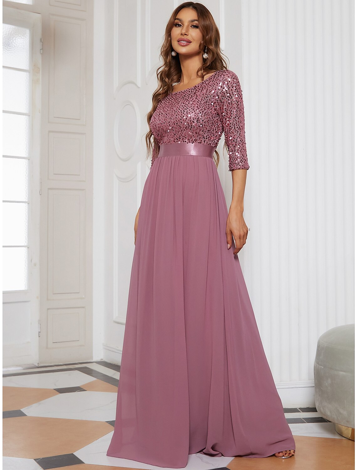 A-Line Mother of the Bride Dress Wedding Guest Plus Size Elegant Jewel Neck Floor Length Tulle Sequined 3/4 Length Sleeve with Sequin Fall