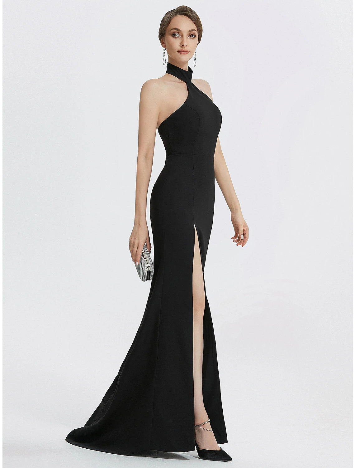 Sheath / Column Evening Gown Black Dress Dress Wedding Guest Prom Floor Length Sleeveless Halter Neck Stretch Fabric with Ruched