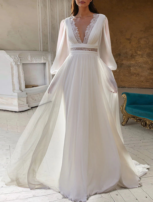 Beach Open Back Boho Wedding Dresses A-Line V Neck Long Sleeve Floor Length Chiffon Bridal Gowns With Appliques Solid Color