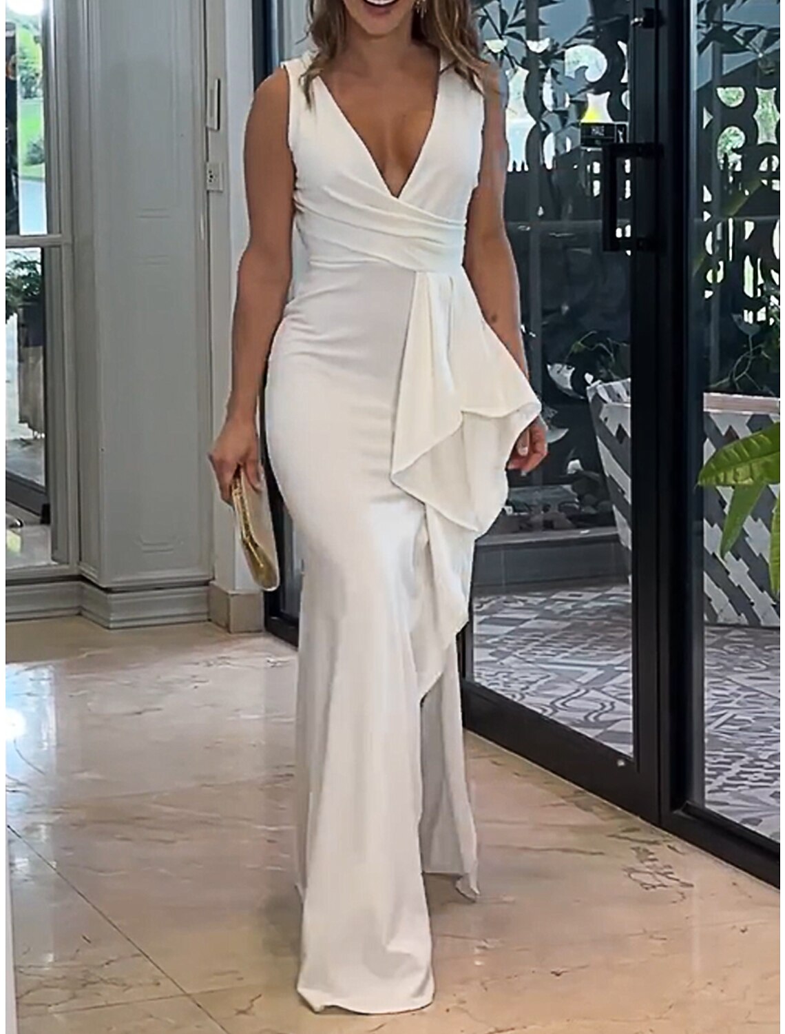 Women's Prom Dress Party Dress Wedding Guest Dress Long Dress Maxi Dress White Sleeveless Pure Color Ruffle Spring Fall Winter V Neck Fashion Winter Dress Evening Party Wedding Guest