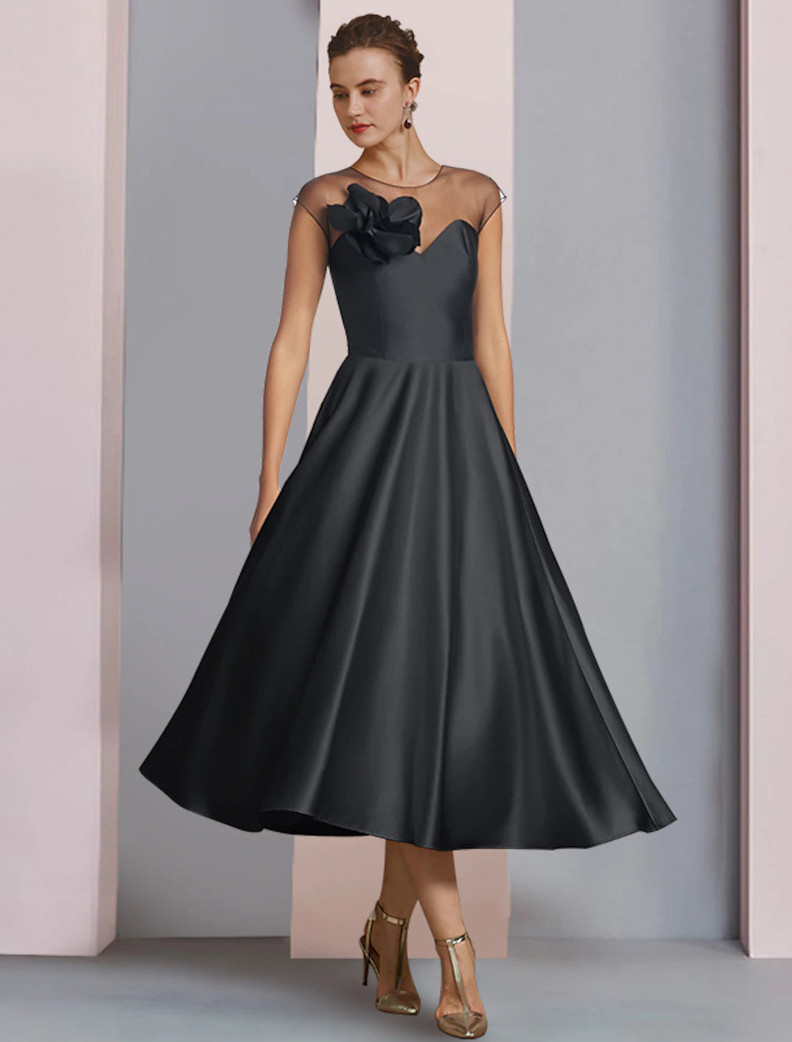 A-Line Mother of the Bride Dress Wedding Guest Party Elegant Scoop Neck Tea Length Satin Half Sleeve with Pleats Flowe