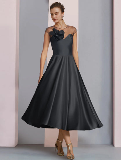 A-Line Mother of the Bride Dress Wedding Guest Party Elegant Scoop Neck Tea Length Satin Half Sleeve with Pleats Flowe