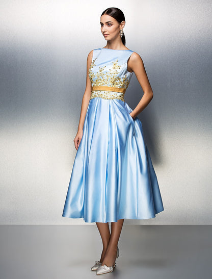 A-Line Cocktail Dresses Elegant Dress Wedding Guest Prom Tea Length Sleeveless Jewel Neck Satin V Back with Pleats Appliques