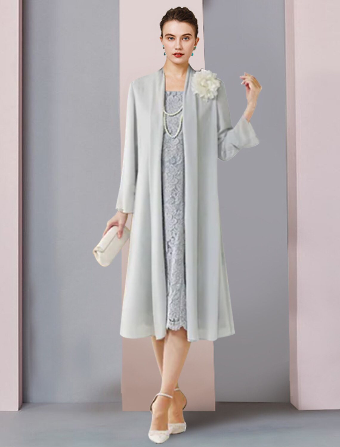 Two Piece Sheath / Column Mother of the Bride Dress Formal Wedding Guest Vintage Elegant Scoop Neck Tea Length Chiffon Lace 3/4 Length Sleeve Jacket Dresses with Flower