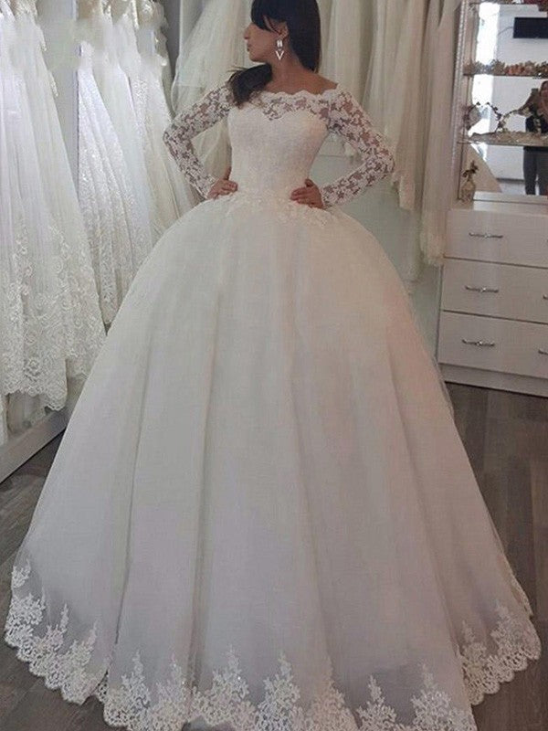 Ball Gown Long Sleeves Off-the-Shoulder Sweep/Brush Train Applique Lace Wedding Dresses