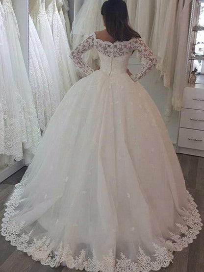 Ball Gown Long Sleeves Off-the-Shoulder Sweep/Brush Train Applique Lace Wedding Dresses