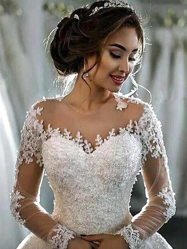 Ball Gown Applique Tulle Scoop Long Sleeves Court Train Wedding Dresses