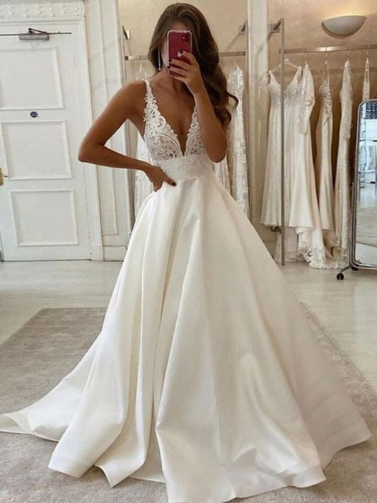 A-Line/Princess Satin Lace V-neck Sleeveless Sweep/Brush Train Wedding Dresses