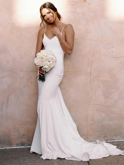 Sheath/Column Stretch Crepe V-neck Sleeveless Court Train Wedding Dresses