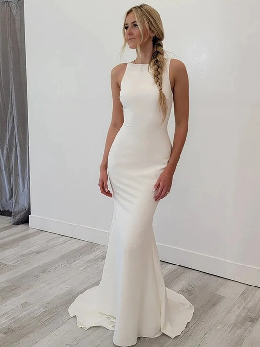 Sheath/Column Stretch Crepe Bateau Sleeveless Sweep/Brush Train Wedding Dresses