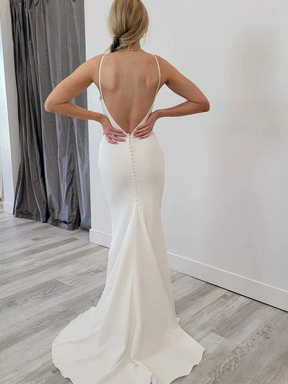 Sheath/Column Stretch Crepe Bateau Sleeveless Sweep/Brush Train Wedding Dresses