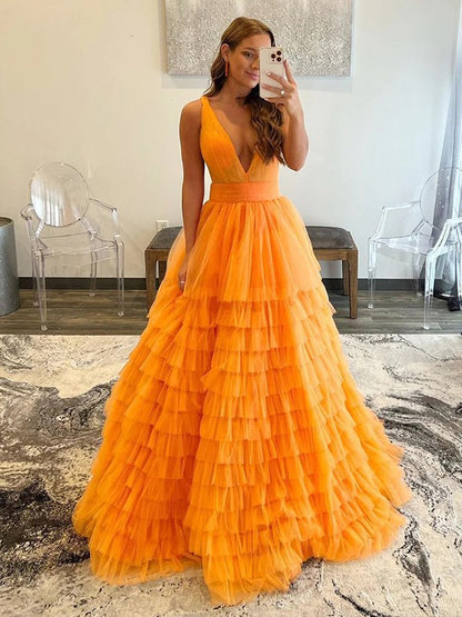 A-Line/Princess Tulle Ruffles V-neck Sleeveless Floor-Length Dresses