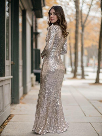 Sheath/Column Sequins Sequin V-neck Long Sleeves Floor-Length Dresses