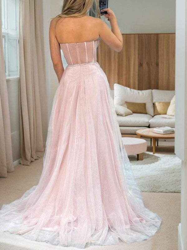 A-Line/Princess Tulle Beading Sweetheart Sleeveless Sweep/Brush Train Corset Dresses