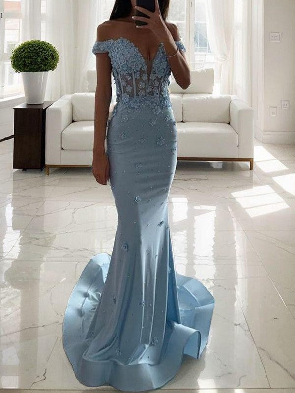 Sheath/Column Jersey Hand-Made Flower Off-the-Shoulder Sleeveless Court Train Corset Dresses