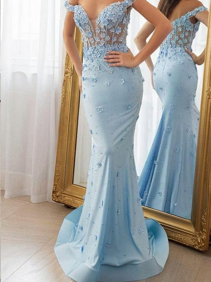 Sheath/Column Jersey Hand-Made Flower Off-the-Shoulder Sleeveless Court Train Corset Dresses