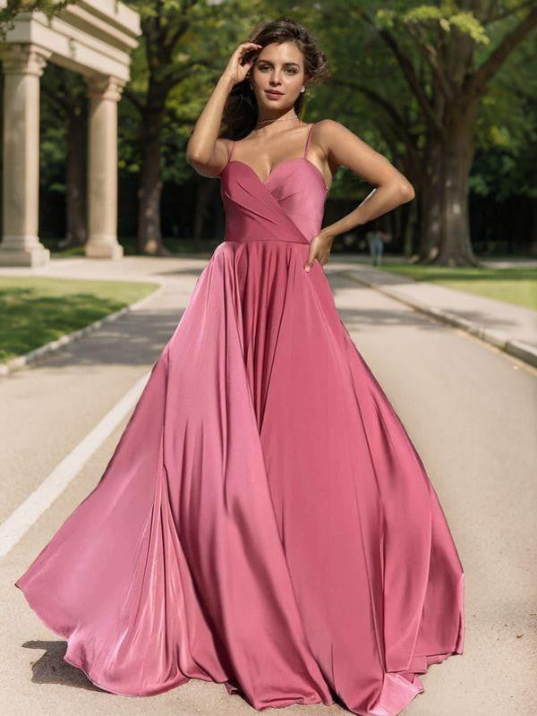 A-Line/Princess Elastic Woven Satin Ruched Spaghetti Straps Sleeveless Floor-Length Dresses