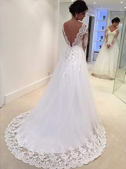 Ball Gown V-neck Long Sleeves Lace Court Train Tulle Wedding Dresses