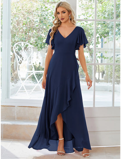 A-Line Wedding Guest Dresses Casual Dress Party Dress Wedding Party Asymmetrical Short Sleeve V Neck Bridesmaid Dress Chiffon with Ruffles Pure Color