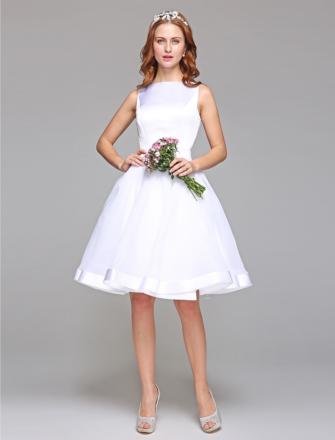 Wedding Dresses A-Line Bateau Neck Regular Straps Knee Length Satin Bridal Gowns With Bowknot Sash / Ribbon