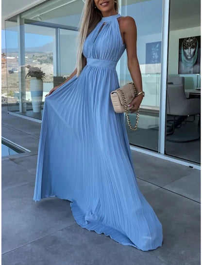 Women's Long Dress Maxi Dress Party Dress Casual Dress Summer Dress Pure Color Streetwear Casual Outdoor Holiday Going out Ruched Pleated Sleeveless Halter Neck Dress Slim Pink Blue Summer Spring S M