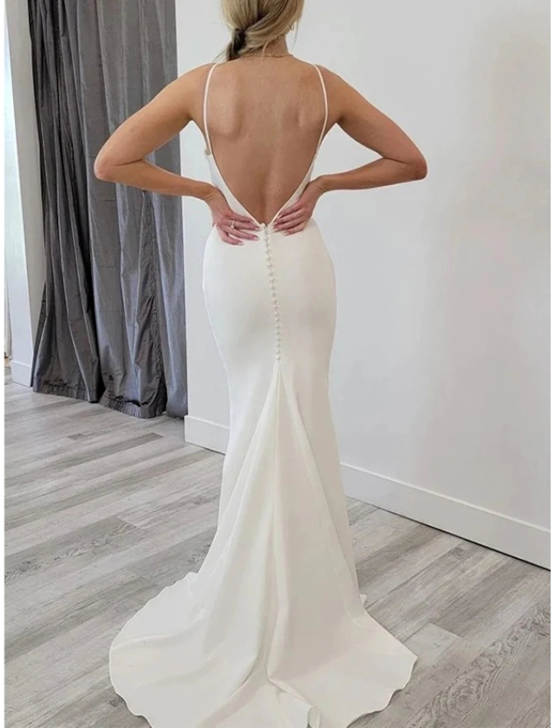 Reception Casual Wedding Dresses Sheath / Column Scoop Neck Sleeveless Sweep / Brush Train Stretch Fabric Bridal Gowns With Solid Color