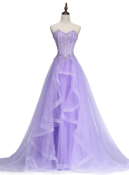 Lavender Sweetheart Tulle A-Line Lace Applique Party Dress, Beautiful Sweet 16 Dress