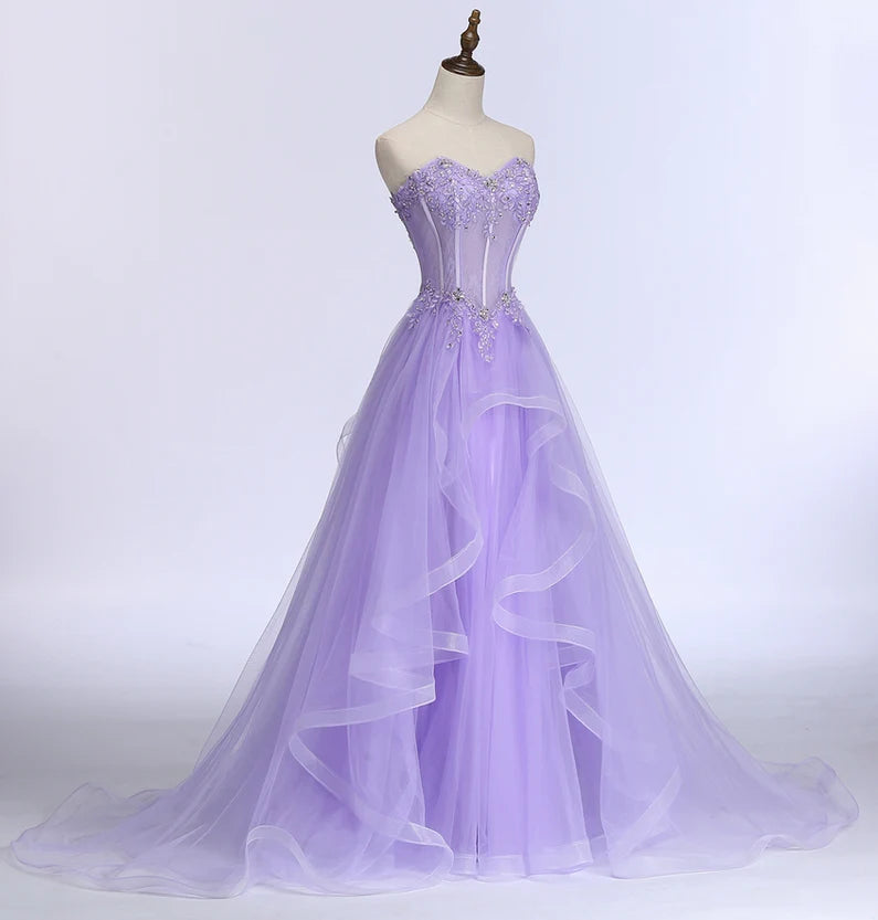 Lavender Sweetheart Tulle A-Line Lace Applique Party Dress, Beautiful Sweet 16 Dress