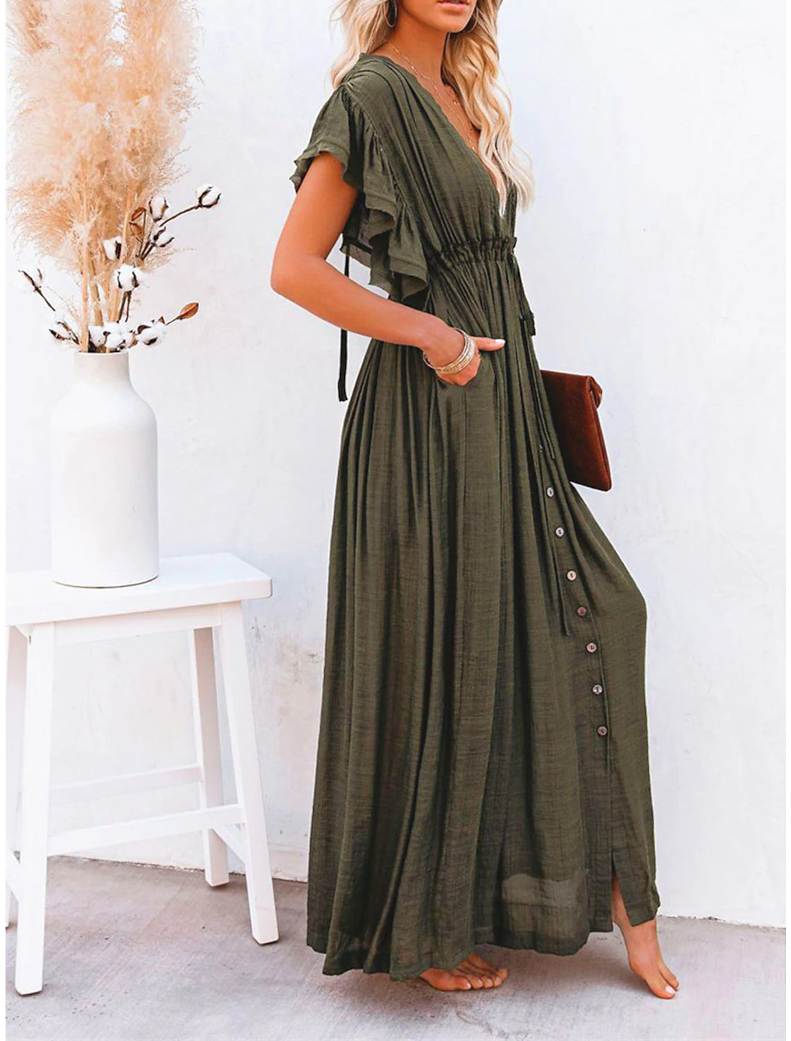 Women's Long Dress Maxi Dress Party Dress Casual Dress Swing Dress Pure Color Fashion Casual Outdoor Daily Vacation Ruffle Backless Short Sleeve V Neck Dress Loose Fit ArmyGreen White Red Summer