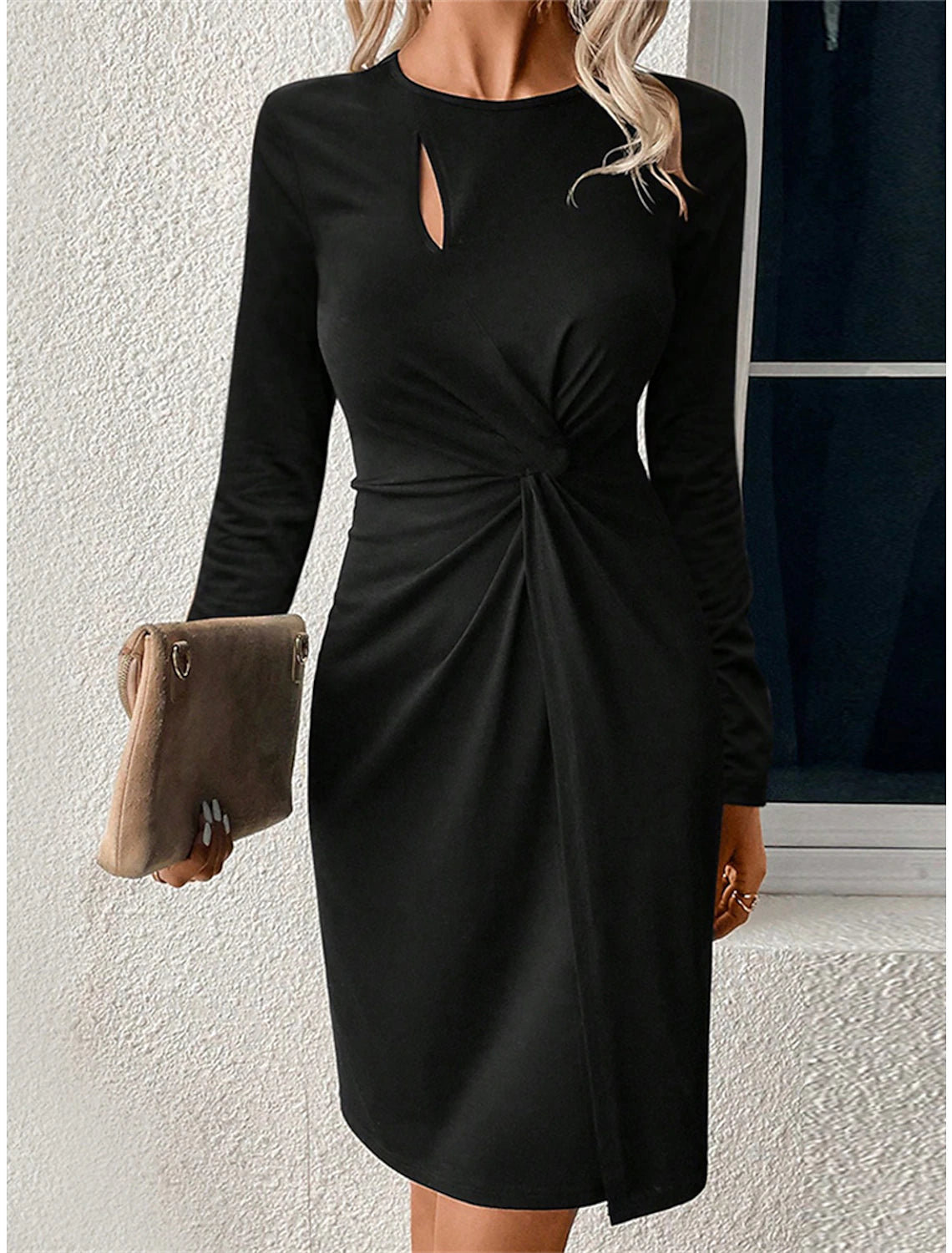 Women's Black Dress Party Dress Cocktail Dress Mini Dress Black Long Sleeve Pure Color Ruched Spring Fall Winter Crew Neck Fashion Winter Dress Wedding Guest Vacation