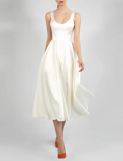 Hall Little White Dresses Wedding Dresses A-Line Scoop Neck Sleeveless Tea Length Satin Bridal Gowns With Pleats Solid Color