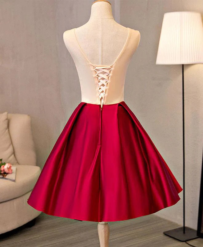 Cute Red Satin with Embroidery Knee Length Homecoming Dress, Short Party Dress