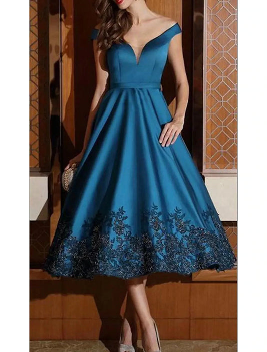 A-Line Cocktail Dresses Elegant Dress Formal Wedding Guest Tea Length Sleeveless V Neck Satin with Appliques