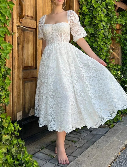 Reception Little White Dresses Wedding Dresses A-Line Sweetheart Half Sleeve Tea Length Lace Bridal Gowns With Appliques Solid Color