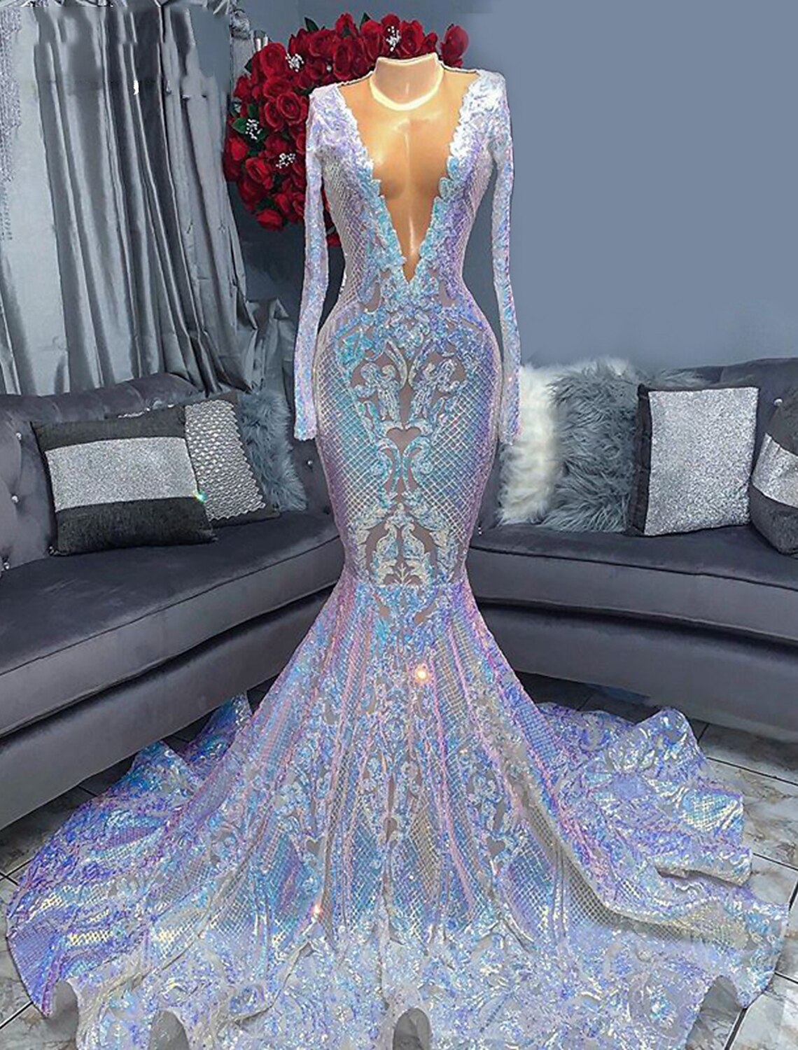 Mermaid / Trumpet Evening Gown Floral Dress Carnival Formal Chapel Train Long Sleeve V Neck African American Sequined with Sequin