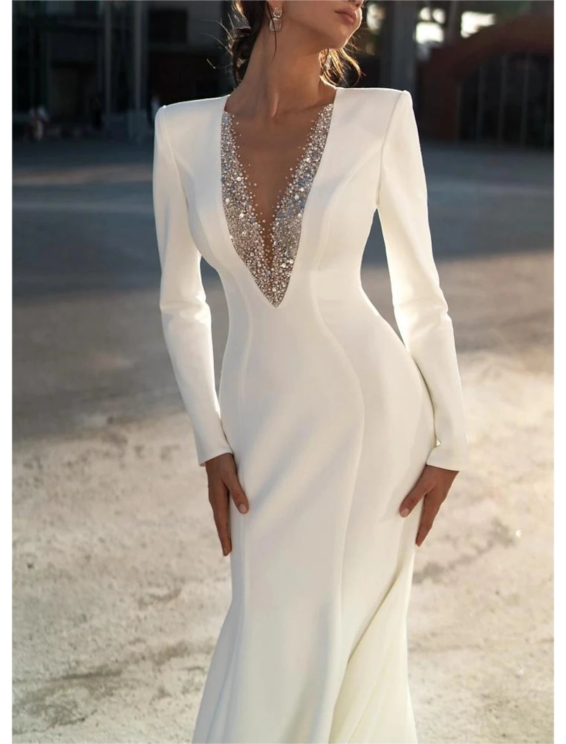 Formal Wedding Dresses Mermaid / Trumpet V Neck Long Sleeve Sweep / Brush Train Chiffon Bridal Gowns With Beading Solid Color