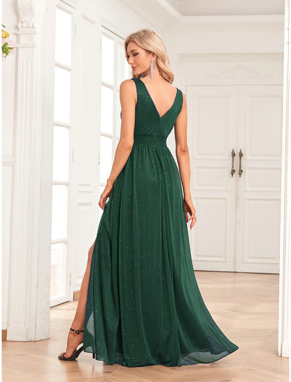 A-Line Evening Gown Empire Dress Wedding Guest Party Wear Floor Length Sleeveless V Neck Spandex V Back with Glitter Slit