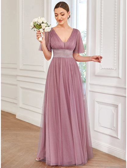 A-Line Bridesmaid Dress V Neck Short Sleeve Plus Size Floor Length Tulle with Ruffles / Draping / Tier/ Butterfly Sleeve