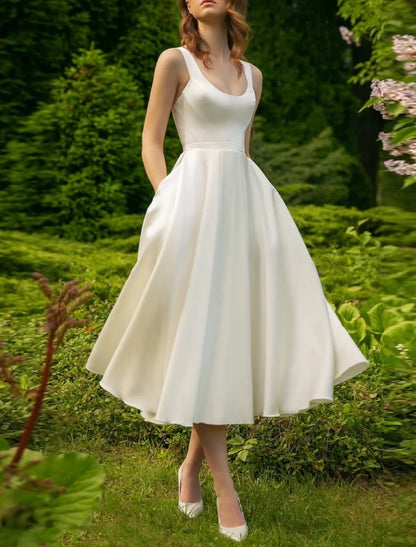 Hall Little White Dresses Wedding Dresses A-Line Scoop Neck Sleeveless Tea Length Satin Bridal Gowns With Pleats Solid Color