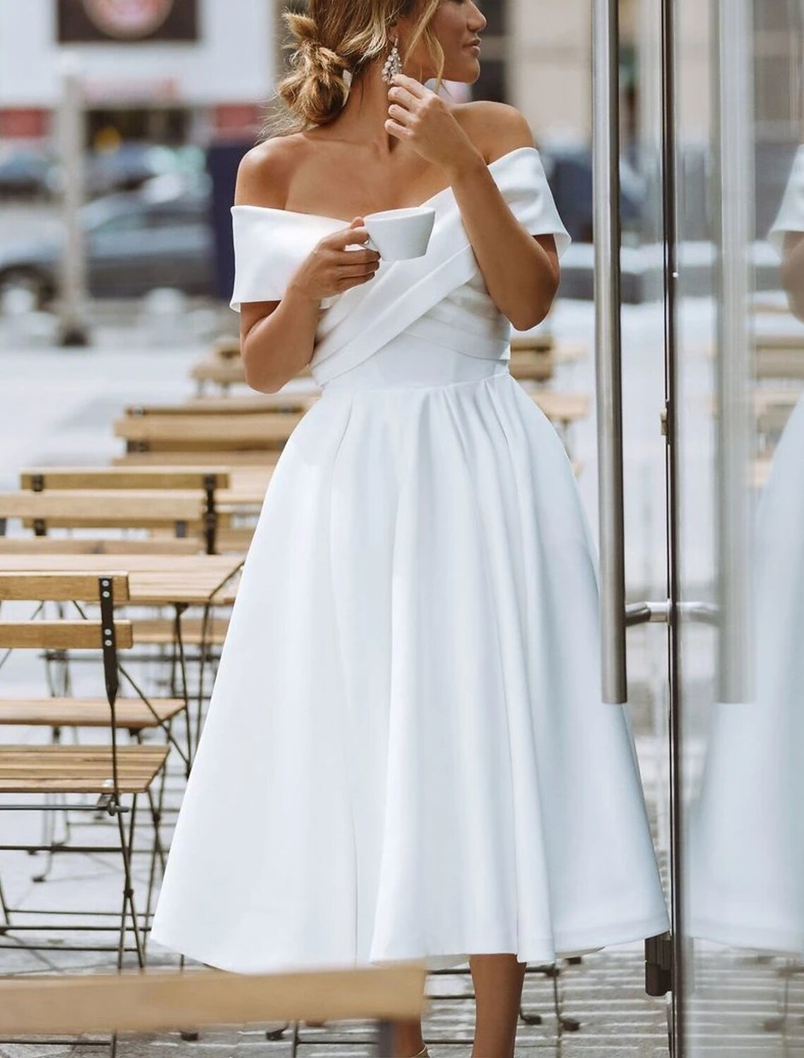 Little White Dresses Formal Wedding Dresses A-Line Off Shoulder Short Sleeve Tea Length Satin Bridal Gowns With Solid Color