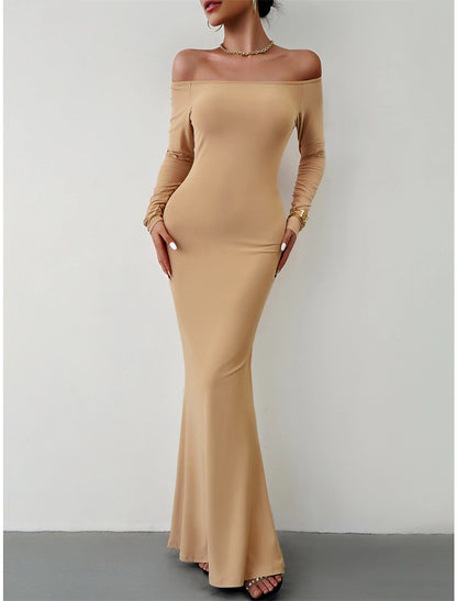 Women‘s Prom Dress Party Dress Wedding Guest Dress Black Dress Long Dress Maxi Dress White Brown Long Sleeve Pure Color Backless Fall Winter Autumn Off Shoulder Fashion Winter Dress Birthday