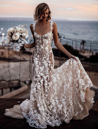 Beach Sexy Boho Wedding Dresses Mermaid / Trumpet Sweetheart Regular Straps Court Train Lace Bridal Gowns With Appliques Summer Fall Wedding Party