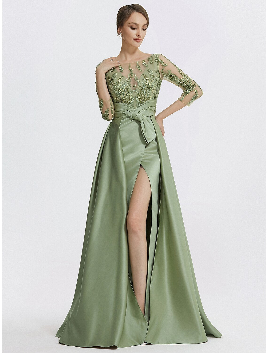 A-Line Evening Gown Elegant Dress Formal Floor Length 3/4 Length Sleeve Jewel Neck Satin with Slit Embroidery Appliques