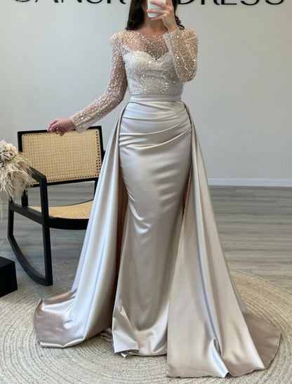 Mermaid / Trumpet Evening Gown Elegant Dress Carnival Masquerade Floor Length Long Sleeve Illusion Neck Fall Wedding Reception Satin with Pearls Overskirt