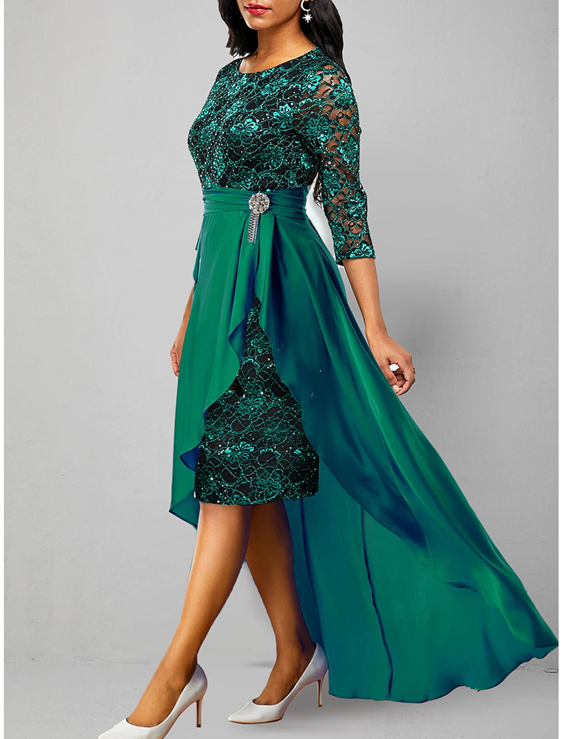 Women's 2 Pieces Lace Dress Maxi Party Dress Green Lace 3/4 Length Sleeve Lace Spring Fall Winter V Neck Wedding Guest Evening Party Vacation