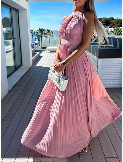 Women's Long Dress Maxi Dress Party Dress Casual Dress Summer Dress Pure Color Streetwear Casual Outdoor Holiday Going out Ruched Pleated Sleeveless Halter Neck Dress Slim Pink Blue Summer Spring S M