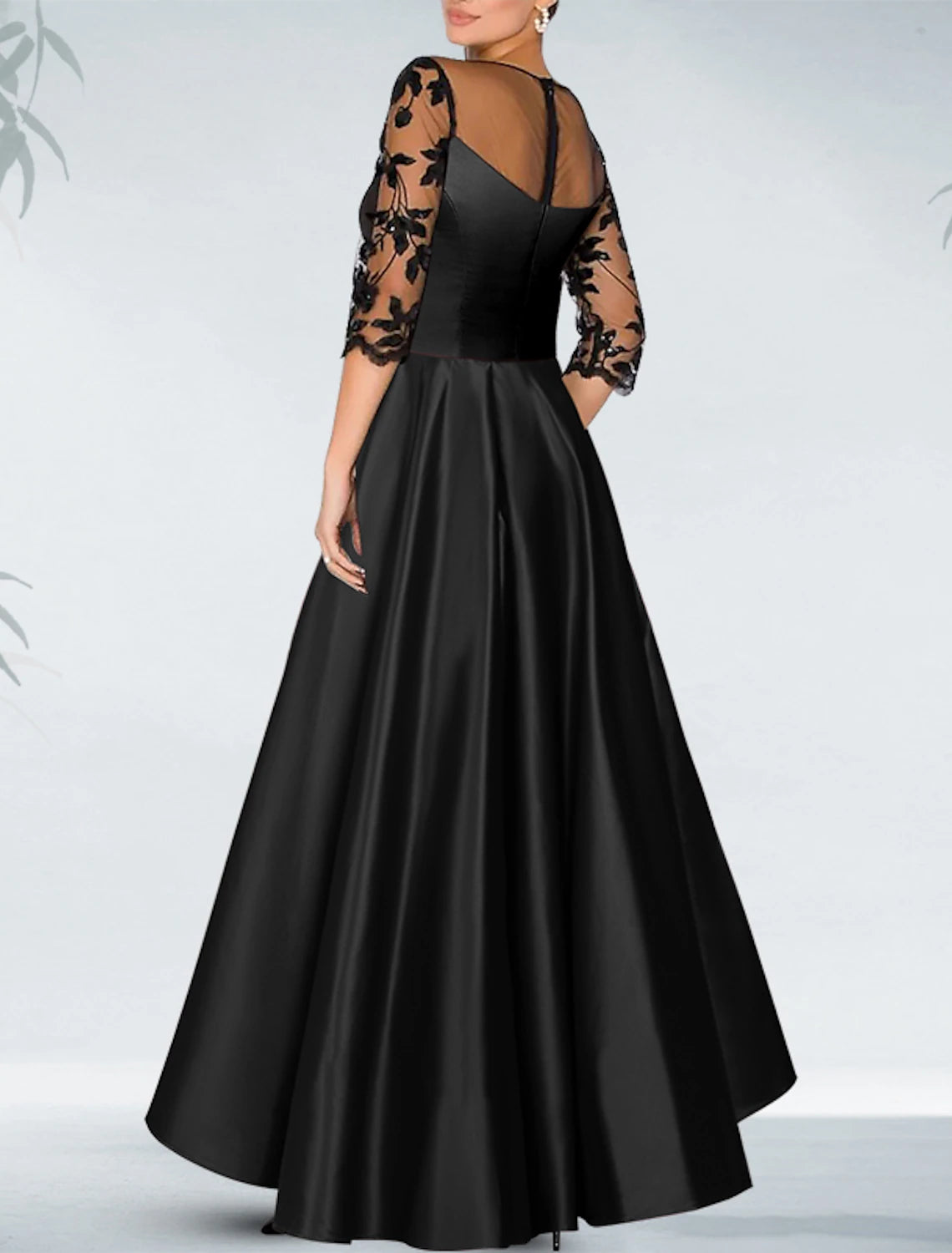 Sheath / Column Cocktail Black Dress Plus Size Luxurious Dress Formal Wedding Guest Asymmetrical 3/4 Length Sleeve Off Shoulder Pocket Satin with Beading Appliques 2023