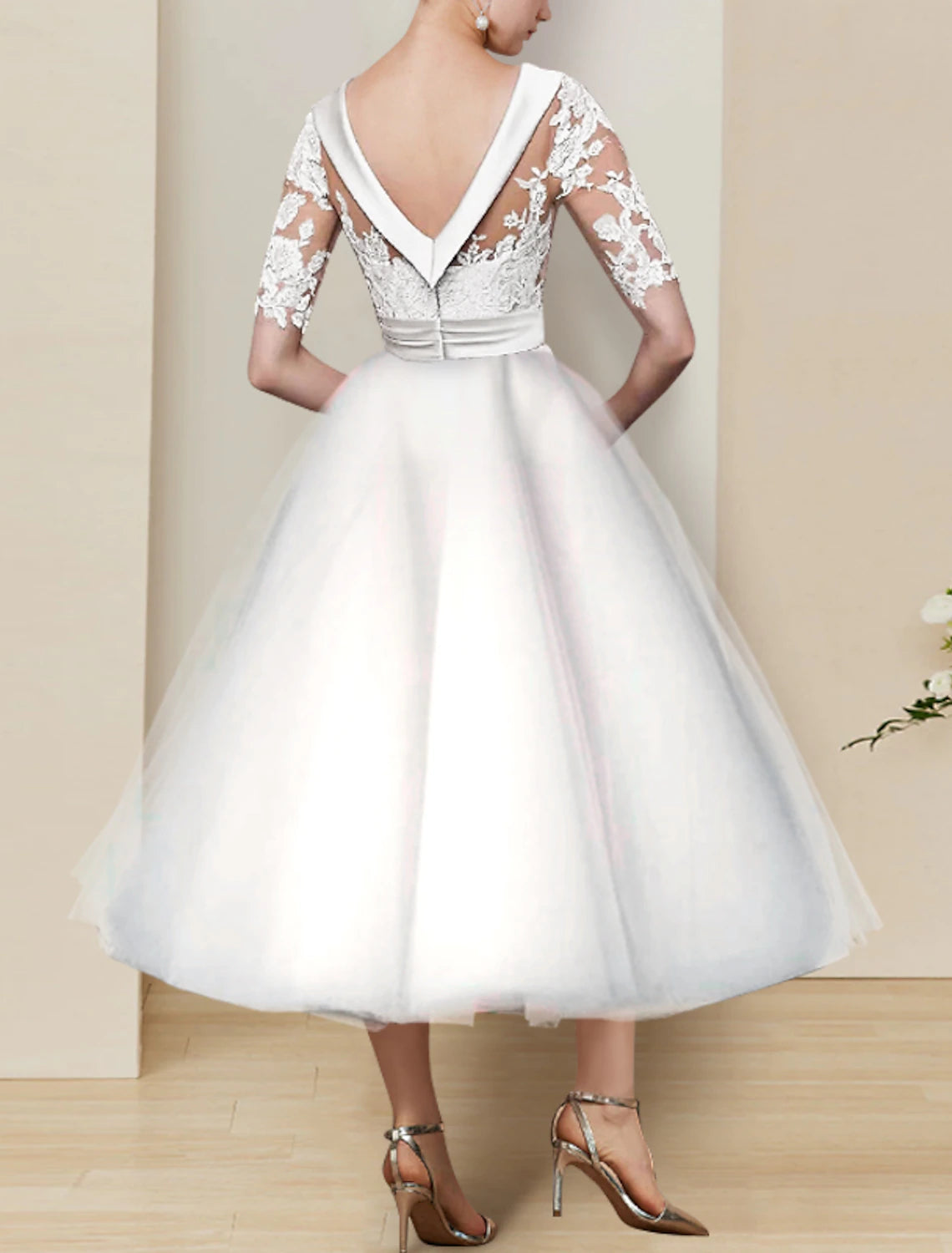 Bridal Shower Little White Dresses Mature Fall Wedding Dresses A-Line Illusion Neck Half Sleeve Tea Length Satin Bridal Gowns With Appliques Solid Color Summer Wedding Party, Women's Clothing