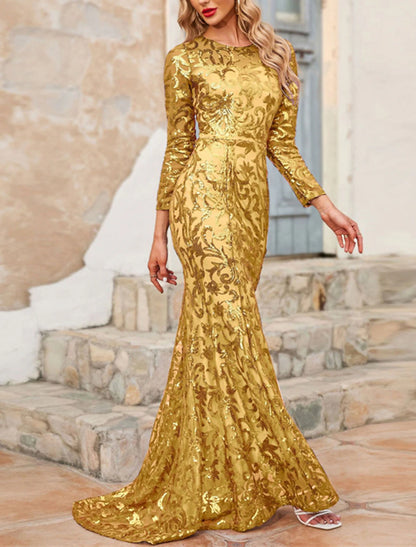 Women's Gold Sequin Dress Prom Dress Party Dress Sparkly Dress Long Dress Maxi Dress Purple Long Sleeve Solid Color Spring Fall Winter Crew Neck Fashion Winter Dress Wedding Guest