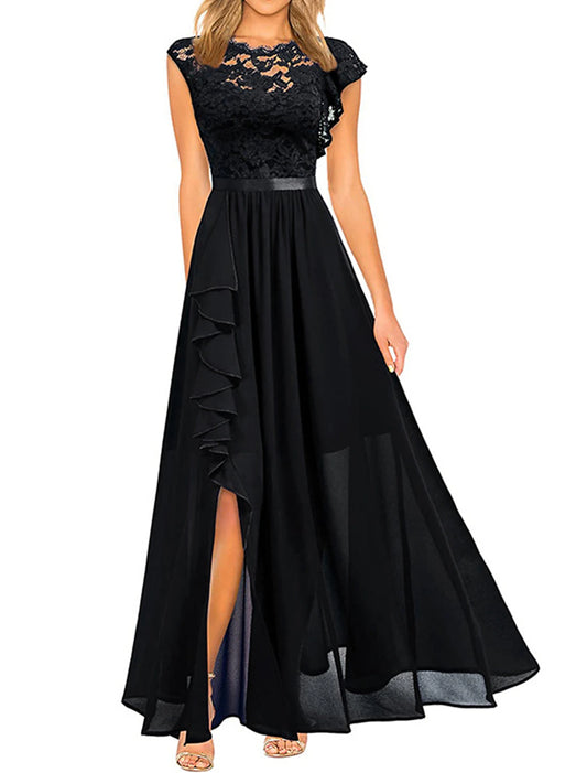 Women's Black Dress Prom Dress Party Dress Long Dress Maxi Dress Black Pink Wine Short Sleeve Pure Color Lace Spring Fall Winter Crew Neck Fashion Winter Dress Christmas Wedding Guest